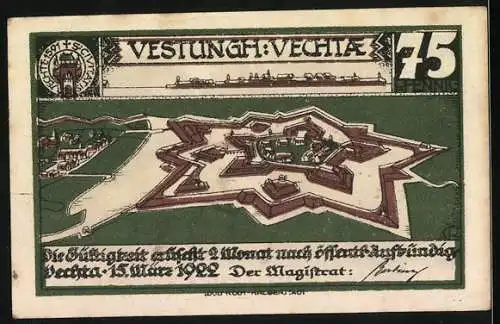 Notgeld Vechta, 1922, 75 Pfennig, Vorderseite mit Hund und Rückseite mit Festung Vechta