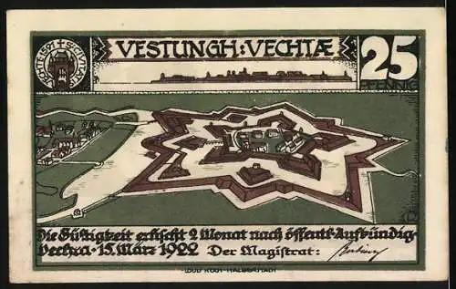 Notgeld Vechta 1922, 25 Pfennig, Vestung Vechta und Mönche mit Hund