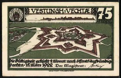 Notgeld Vechta 1922, 75 Pfennig, Festung Vechta mit Landschaft und Schriftzug