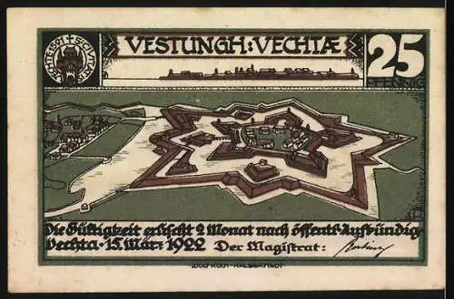 Notgeld Vechta, 1922, 25 Pfennig, Darstellung der Festung und Reiterszene mit Soldaten