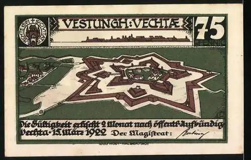 Notgeld Vechta, 1922, 75 Pfennig, Festung Vechta und Wolf in der Heide