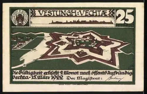 Notgeld Vechta, 1922, 25 Pfennig, Festung Vechta und Silhouetten von Mönchen