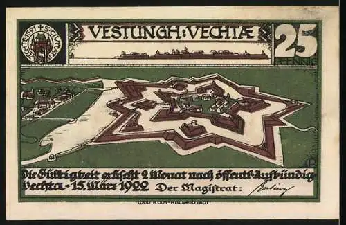 Notgeld Vechta, 1922, 25 Pfennig, Silhouetten-Reiter auf Vorderseite, Festung Vechta auf Rückseite