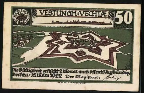 Notgeld Vechta 1922, 50 Pfennig, Festung Vechta und landschaftliche Szene mit einem Mann