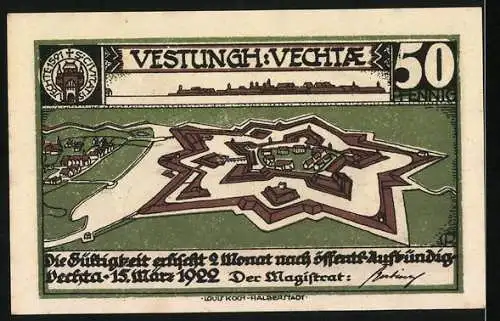 Notgeld Vechta 1922, 50 Pfennig, Festung Vechta, Soldaten mit Hund und Stadtansicht