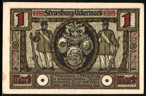 Notgeld Strasburg Uckermark 1919, 1 Mark, Historische Gebäude und Wappen mit Soldaten