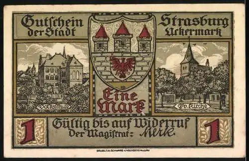 Notgeld Strasburg Uckermark 1919, 1 Mark, Historische Gebäude und Wappen mit Soldaten