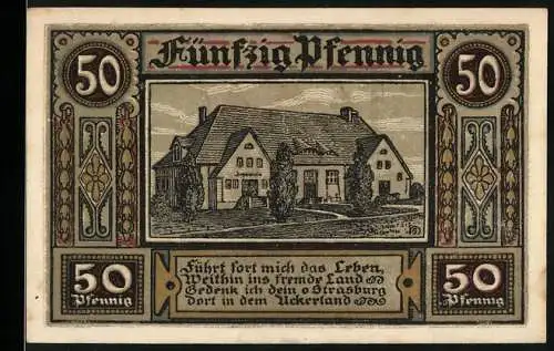 Notgeld Strasburg Uckermark 1921, 50 Pfennig, Fachwerkhaus und Stadtansicht mit Wappen