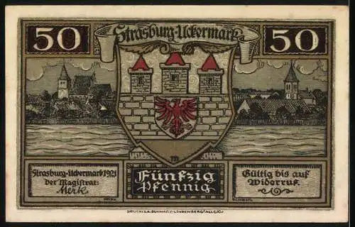 Notgeld Strasburg Uckermark 1921, 50 Pfennig, Fachwerkhaus und Stadtansicht mit Wappen