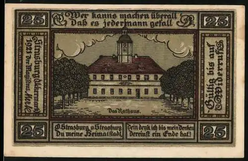 Notgeld Strasburg Uckermark 1921, 25 Pfennig, Rathaus und Stadtansicht mit Wappen