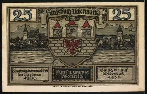 Notgeld Strasburg Uckermark 1921, 25 Pfennig, Rathaus und Stadtansicht mit Wappen