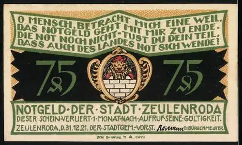 Notgeld Zeulenroda, 1921, 75 Pfennig, Stadtansicht mit Feuersbrunst und Stadtwappen