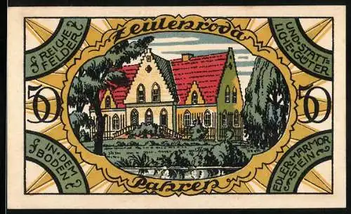Notgeld Zeulenroda, 1921, 50 Pfennig, Abbildung eines Gebäudes und eines Wappens