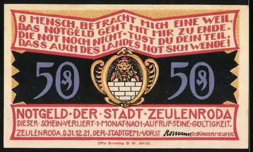 Notgeld Zeulenroda, 1921, 50 Pfennig, Abbildung eines Gebäudes und eines Wappens