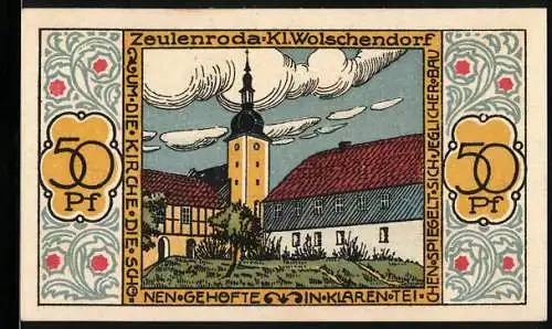 Notgeld Zeulenroda 1921, 50 Pf, Kirche und Löwenwappen, Gültigkeitshinweis