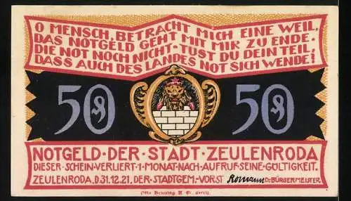 Notgeld Zeulenroda 1921, 50 Pf, Kirche und Löwenwappen, Gültigkeitshinweis