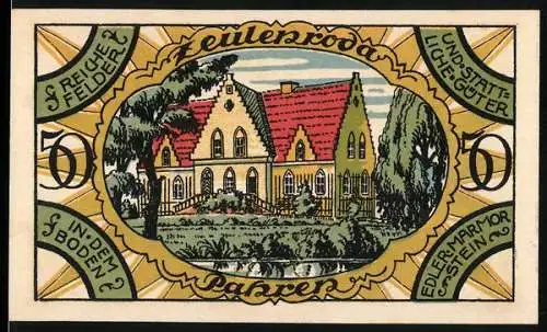 Notgeld Zeulenroda, 1921, 50 Pfennig, Motiv Gebäude und Löwenwappen mit Text