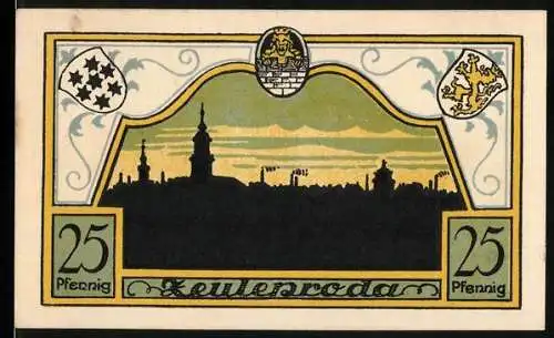 Notgeld Zeulenroda, 1921, 25 Pfennig, Silhouette der Stadt und Wappen auf Vorderseite, Text auf Rückseite