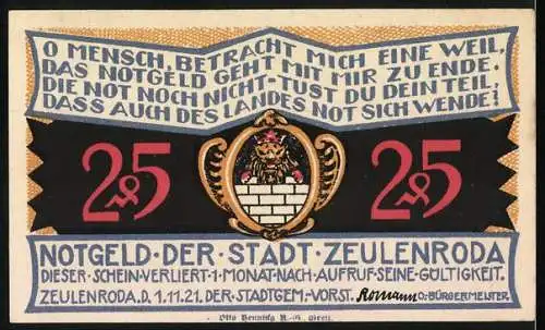 Notgeld Zeulenroda, 1921, 25 Pfennig, Silhouette der Stadt und Wappen auf Vorderseite, Text auf Rückseite