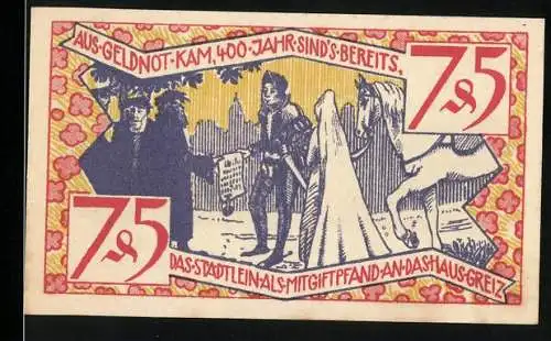 Notgeld Zeulenroda 1921, 75 Pfennig, Szene mit mittelalterlichen Figuren und Löwenwappen, grüne und rote Schrift