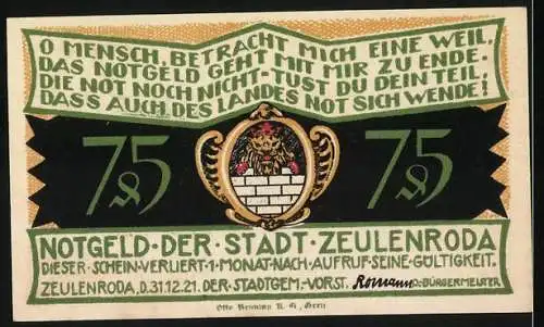 Notgeld Zeulenroda 1921, 75 Pfennig, Szene mit mittelalterlichen Figuren und Löwenwappen, grüne und rote Schrift