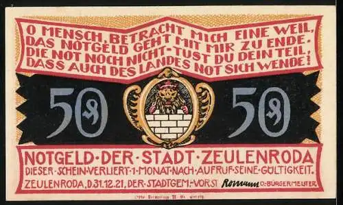 Notgeld Zeulenroda 1921, 50 Pf, Weckersdorf Fachwerkhaus mit Landschaft und Wappen der Stadt