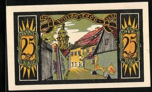 Notgeld Zeulenroda 1921, 25 Pf, Ansicht einer Strasse mit Kirche und Häusern, Rückseite mit Wappen und Spruch