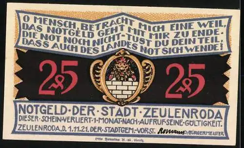 Notgeld Zeulenroda 1921, 25 Pf, Ansicht einer Strasse mit Kirche und Häusern, Rückseite mit Wappen und Spruch