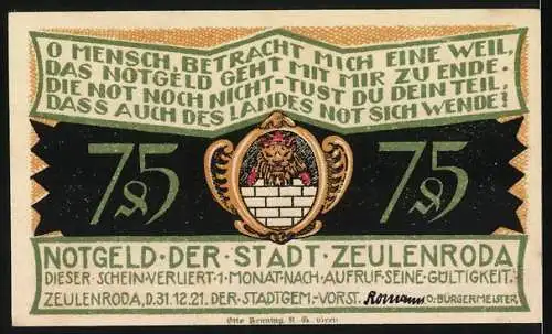 Notgeld Zeulenroda 1921, 75 Pfennig, Menschen mit Wassereimern, Stadtwappen mit Löwe