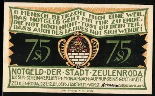 Notgeld Zeulenroda 1921, 75 Pfennig, Spruch O Mensch, betrachte mich eine Weil ...