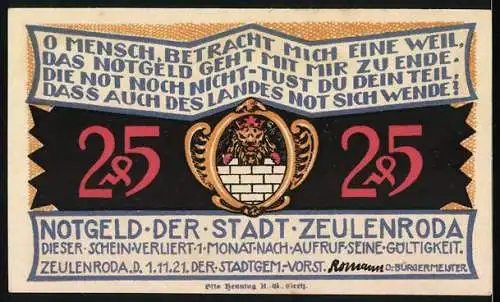 Notgeld Zeulenroda 1921, 25 Pf, Viadukt und Stadtwappen mit Löwe, Gültigkeitshinweis