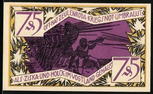 Notgeld Zeulenroda, 1921, 75 Pfennig, Soldaten und Wappen mit Spruchband in lila und schwarz