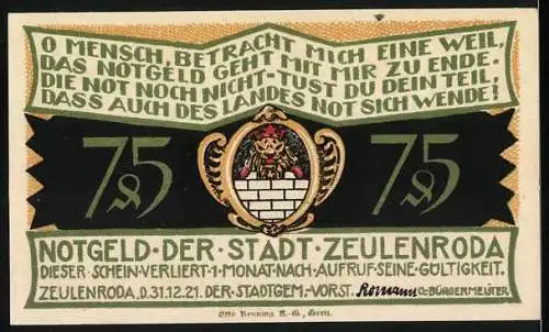 Notgeld Zeulenroda, 1921, 75 Pfennig, Soldaten und Wappen mit Spruchband in lila und schwarz