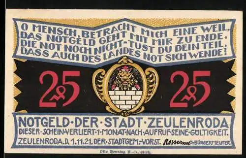 Notgeld Zeulenroda 1921, 25 Pfennig, Stadtansicht mit Wappen und Spruch, gültig bis Aufruf