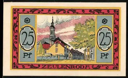 Notgeld Zeulenroda, 1921, 25 Pf, Stadtansicht und Wappen mit Spruchband