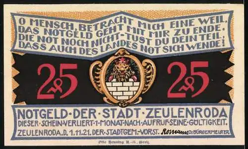 Notgeld Zeulenroda, 1921, 25 Pf, Stadtansicht und Wappen mit Spruchband