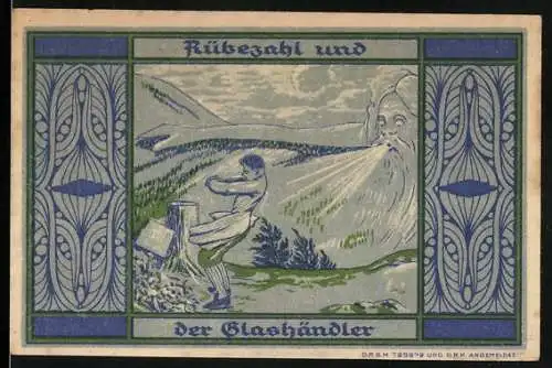 Notgeld Greiffenberg, 1920, 60 Pfennig, Rübezahl und der Glashändler, Stadtwappen, blau und gelb