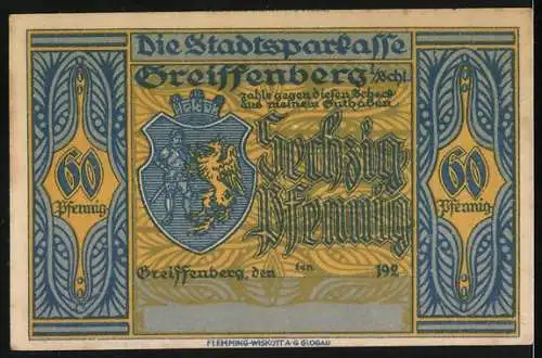 Notgeld Greiffenberg, 1920, 60 Pfennig, Rübezahl und der Glashändler, Stadtwappen, blau und gelb