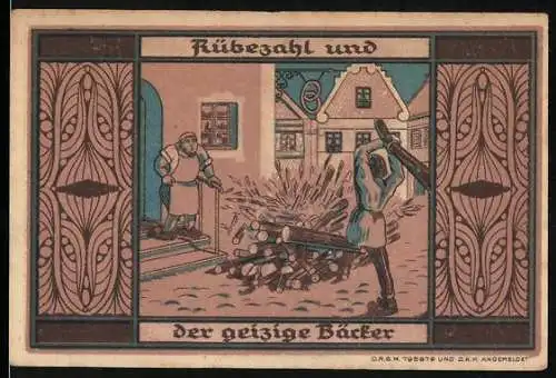 Notgeld Greiffenberg 1921, 3 Mark, Rübezahl und der geizige Bäcker, Wappen und Inschrift