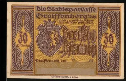 Notgeld Greiffenberg 1921, 30 Pfennig, Die Stadtsparkasse mit Wappen und Berggeist Rübezahl