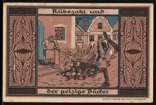 Notgeld Greiffenberg, 1921, 3 Mark, Rübezahl und der geizige Bäcker, Stadtwappen