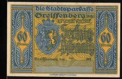 Notgeld Greiffenberg 1921, 60 Pfennig, Stadtwappen und Rübezahl und der Glashändler