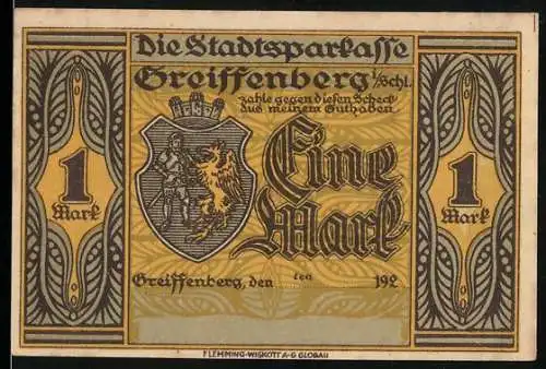 Notgeld Greiffenberg, 1921, 1 Mark, Vorderseite mit Stadtwappen und Rückseite mit Rübezahl und Schneider