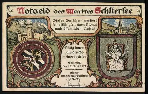 Notgeld Schliersee, 1921, 10 Pfennig, Berglandschaft mit Gämse, Burg und Wappen, Druck: Miesbacher Anzeiger