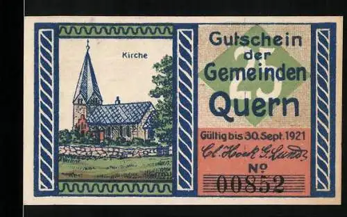 Notgeld Quern, 1921, 25 Pfennig, Kirche und Wappen mit Gedicht