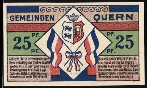 Notgeld Quern, 1921, 25 Pf., Gutschein der Gemeinden Quern mit Kirchenabbildung und Familienwappen