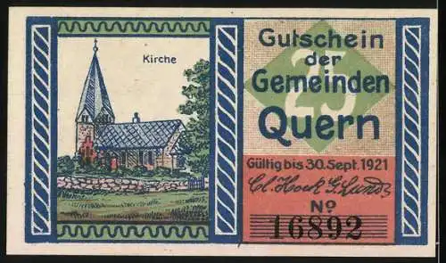 Notgeld Quern, 1921, 25 Pf., Gutschein der Gemeinden Quern mit Kirchenabbildung und Familienwappen