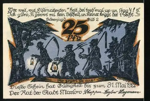 Notgeld Marlow, 1921, 25 Pfennig, Landschaft mit Bäumen und Stadtansicht /Väterchen Frost Jagdszene