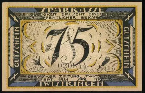 Notgeld Twistringen, 1921, 75 Pfennig, Sparkasse Gutschein mit Frau und Glocke