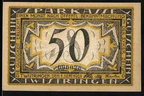 Notgeld Twistringen 1921, 50 Pfennig, Sparkasse Gutschein mit Stadtansicht und Spruch